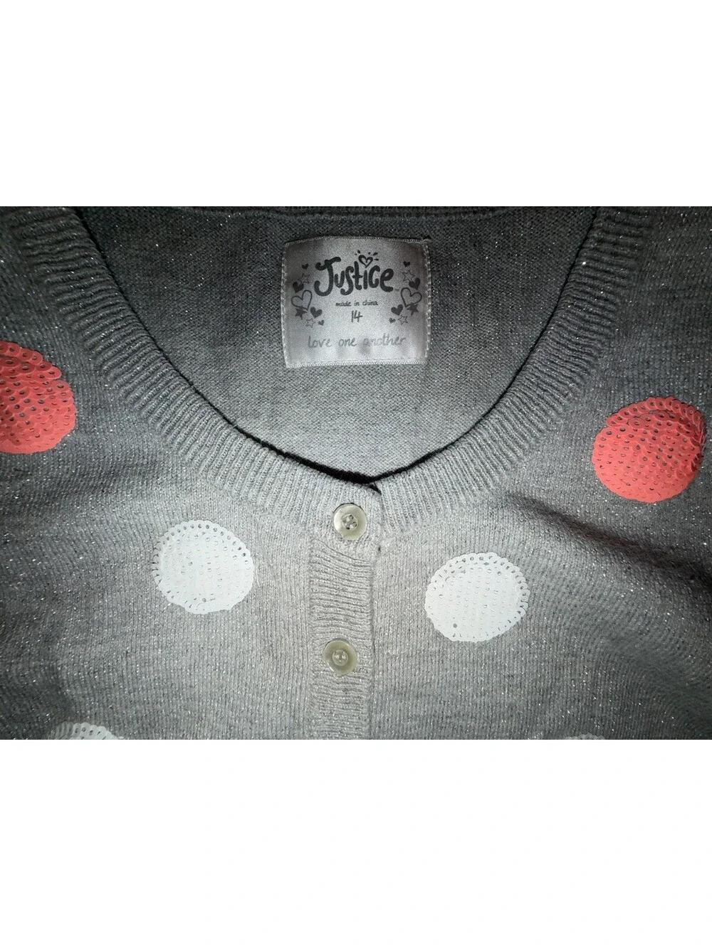 Justice Girls Size 14 Gray Sparkly Sequin Polka Dot Button Cardigan